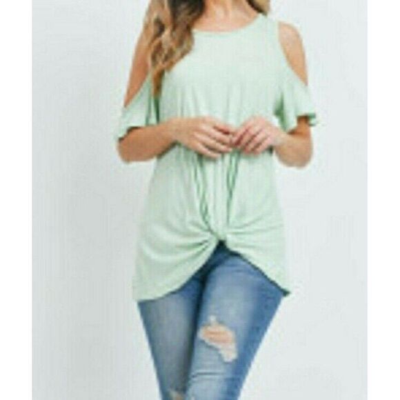 Sage Green Cold Shoulder Top Front Twist Knot Women's Small - Picture 4 of 6